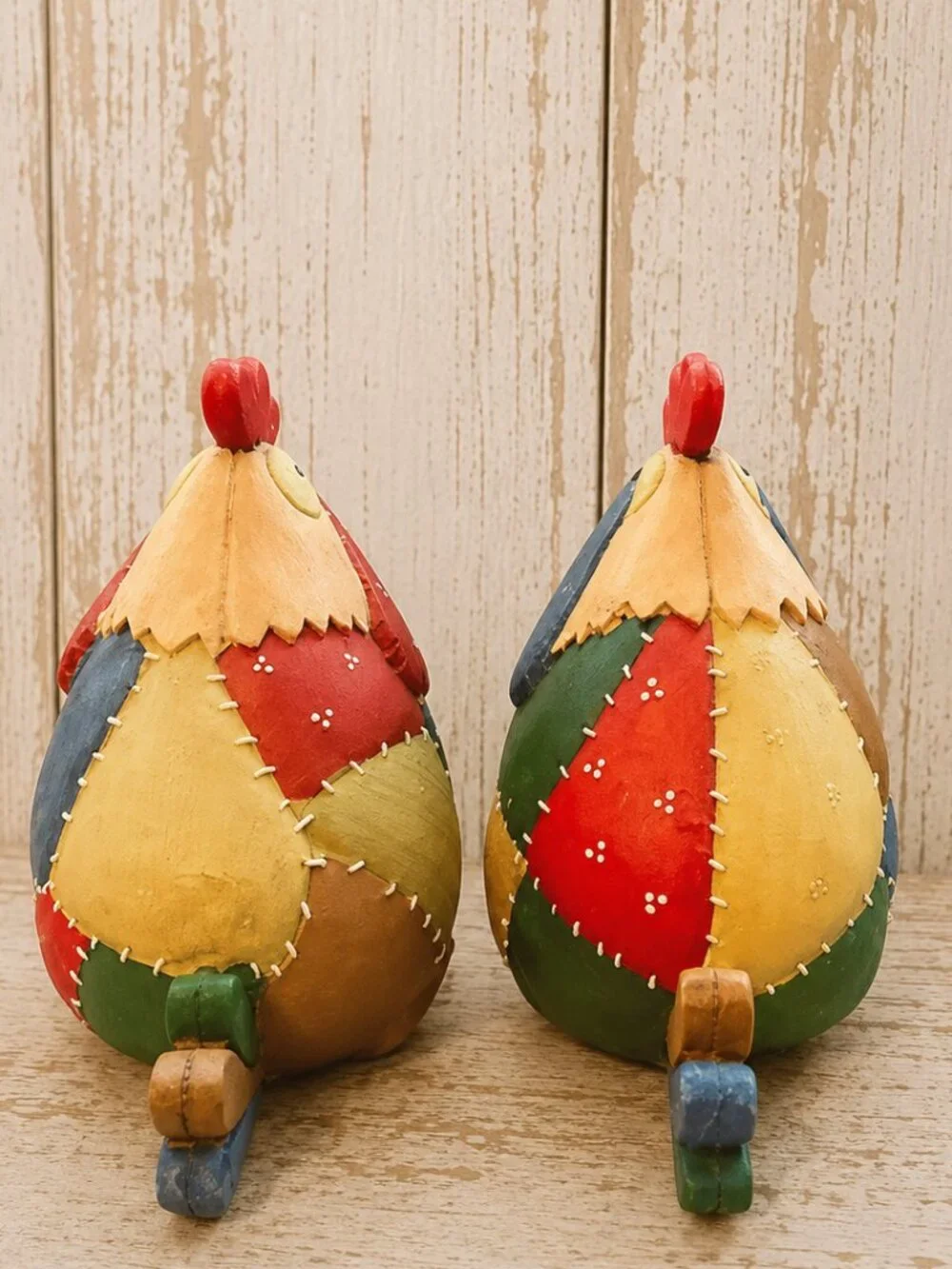 Set of 2 Vintage Roseluo Style Patchwork Primitive Rooster Collectible Figurines